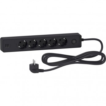 Удлинитель SCHNEIDER ELECTRIC UNICA EXTEND 5 розеток 2К+З, кабель 3м, 2 USB, ЧЁРНЫЙ